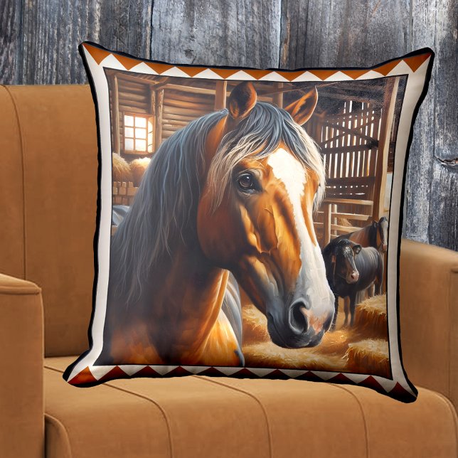 Coussin Cute Horse Farm Animal Art (Pillow featuring a painting of a cute horse in a stable with other animals - farmhouse - horse lover)