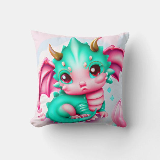 Coussin Cute Kawaii Dragon de bébé Turquoise et rose (Recto)