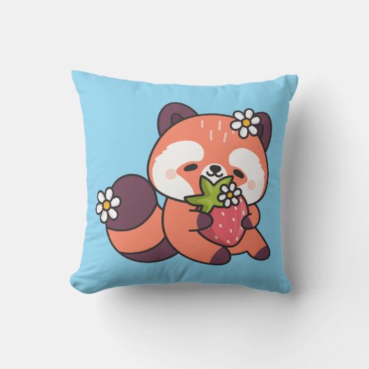 Coussin Cute Kawaii Red Panda with Strawberry (Recto)