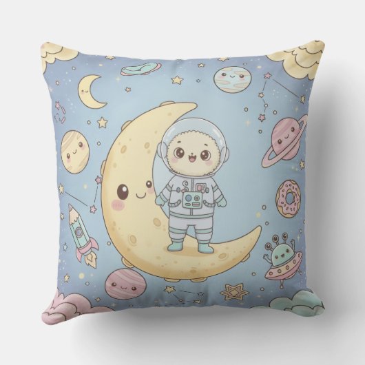 Coussin Cute Kawaii Space - Astronaut and Smiling Moon (Verso)