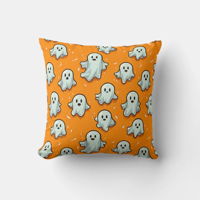 Coussin Cute Kawaii Style Fantômes sur Orange (Recto)