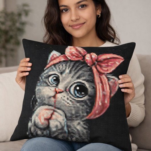 Coussin Cute Kitten Bow Cross Stitch Throw Pillow