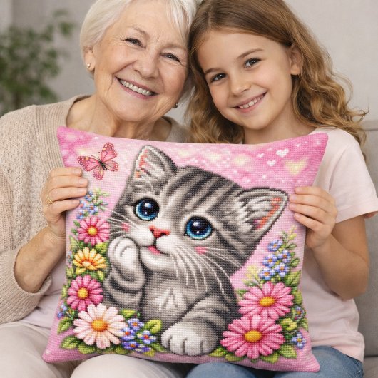 Coussin Cute Kitten Floral Cross Stitch Throw Pillow