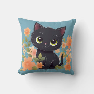Coussin Cute Kitten noir, Panthère maison avec fleurs