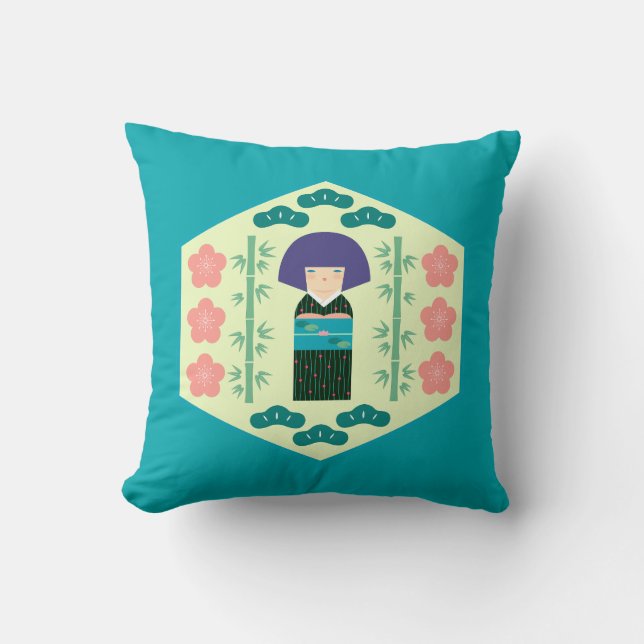 Coussin Cute Kokeshi Doll Hexagon Pattern (Recto)
