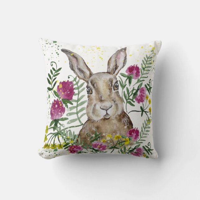 Coussin Cute lapin en fleurs d'aquarelle (Recto)