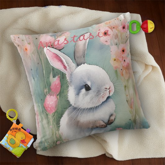 Coussin Cute Lapin Lapin Pastel Aquarelle Fleurs de printe