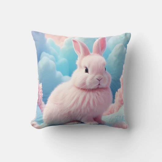 Coussin Cute Lapin Rose Coton Bonbons Nuages (Recto)