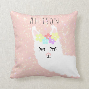 Coussin Cute Llama Floral Blush Pink Etoiles Personnalisé