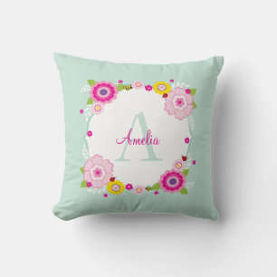 Coussin CUTE MONOGRAM fleurs de jardin à la menthe rose fl