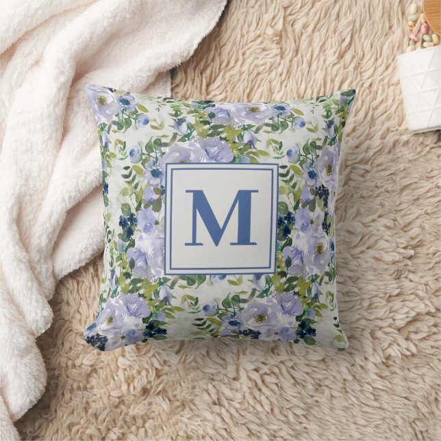 Coussin Cute Navy Blue Dusty Blue Floral Blanc Monogramme (Couverture)
