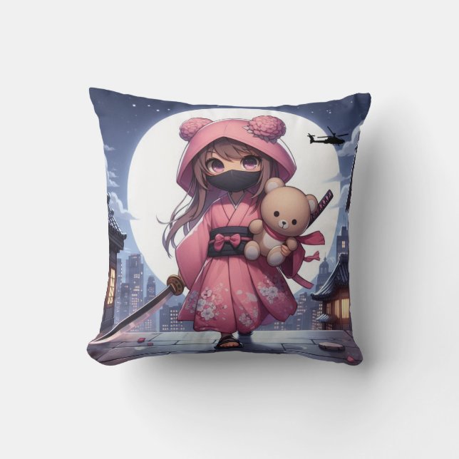 Coussin Cute ninja guerrière fille & teddy (Recto)