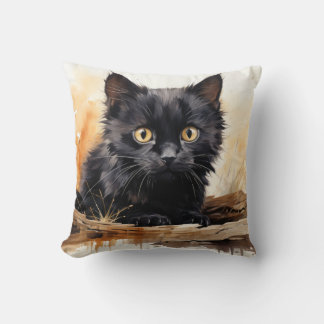 Coussin Cute noir Chat aquarelle Art