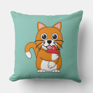 Coussin Cute Orange Blanc Chat Manger Rouge Pomme Carton
