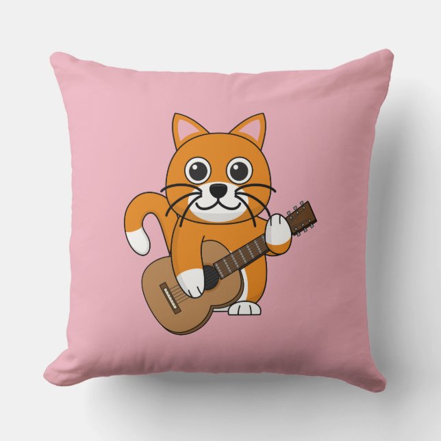 Coussin Cute Orange Chat Blanc Jouer Caricature Guitare (Recto)