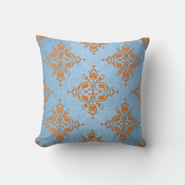 Coussin Cute orange et bleu Damas (Recto)