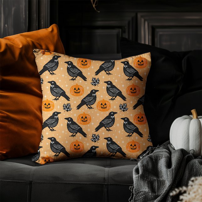 Coussin Cute Orange Halloween Crow Citrouille Motif (Créateur téléchargé)