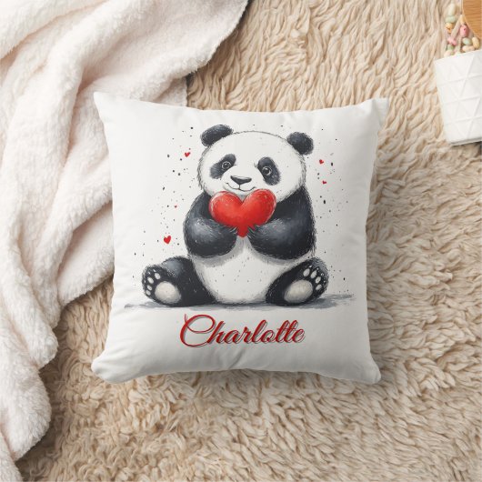 Coussin Cute Panda Holding Heart avec nom personnalisable (Couverture)