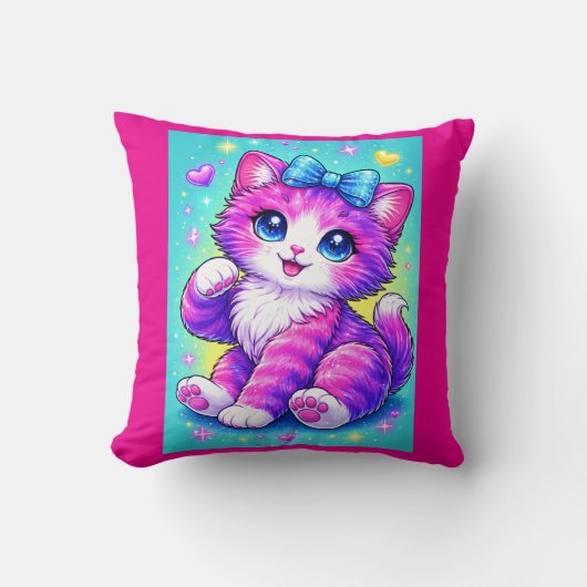 Coussin Cute Pastel Kitten Pillow Design with Bow and Spar (Recto)