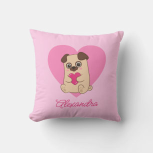 Coussin Cute personnalisée Kawaii Carlin de coeur rose Nom