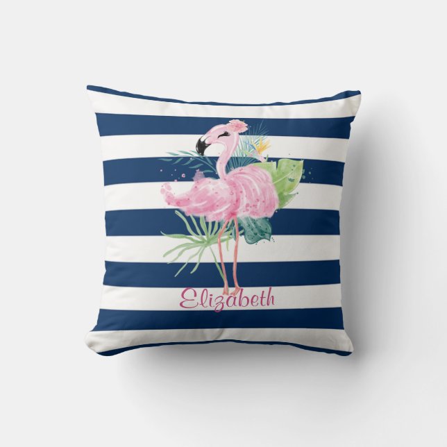 Coussin Cute Pink Flamingos Tropical Leaf, Striped (Recto)