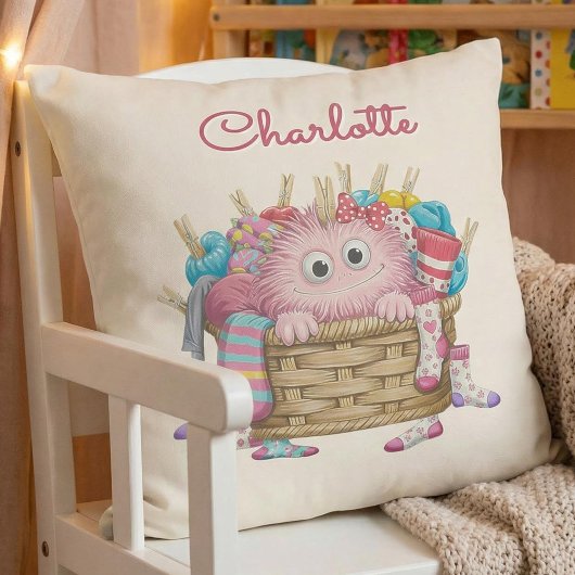 Coussin Cute Pink Fluffy Sock Monster Kids Design