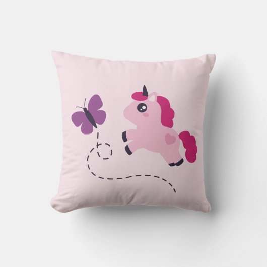 Coussin Cute Pink Unicorn avec un Papillon (Recto)