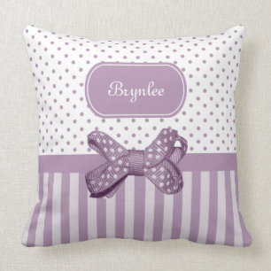 Coussin Cute Polka Dot Bow Girls Lavender Stripes et Nom