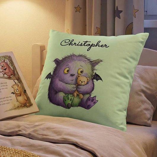 Coussin Cute Purple Green Fluffy Monster Buddy