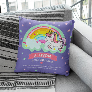 Coussin Cute Rainbow Unicorn Purple Stats de naissance