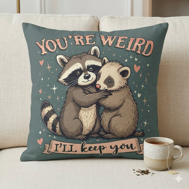 Coussin Cute Raton laveur et furet s'enlacent avec citatio (Cute Raccoon and Ferret Hug with Funny Quote Throw Pillow Mockup A)