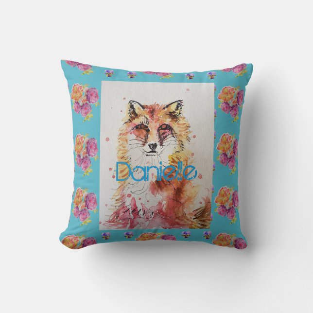 Coussin Cute Red Fox Animal Turquoise Rose Roses (Recto)