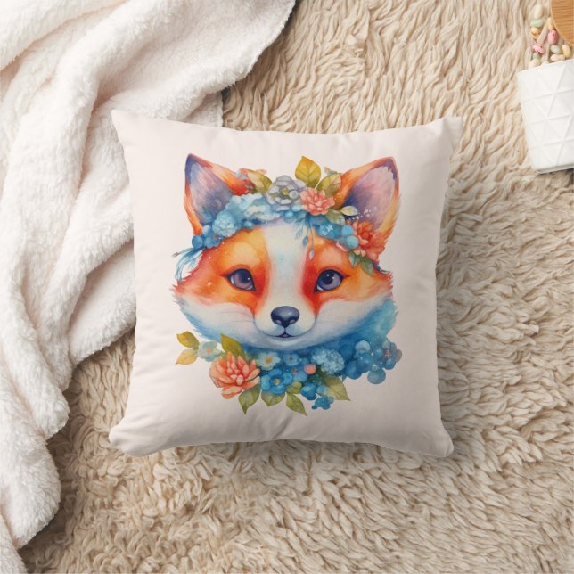 Coussin Cute Renard orange avec Couronne florale (Couverture)