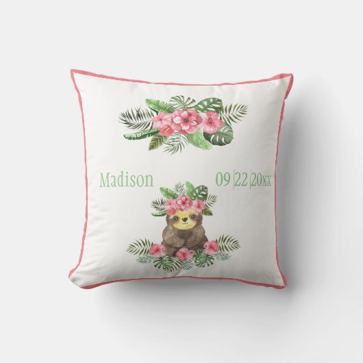 Coussin Cute rose Floral Hawaiian Sloth Nom de l'animal Da (Recto)