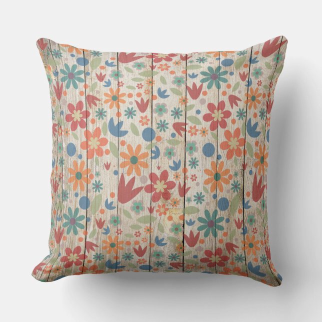 Coussin Cute rouge orange bleu floral sur bois blanc (Recto)