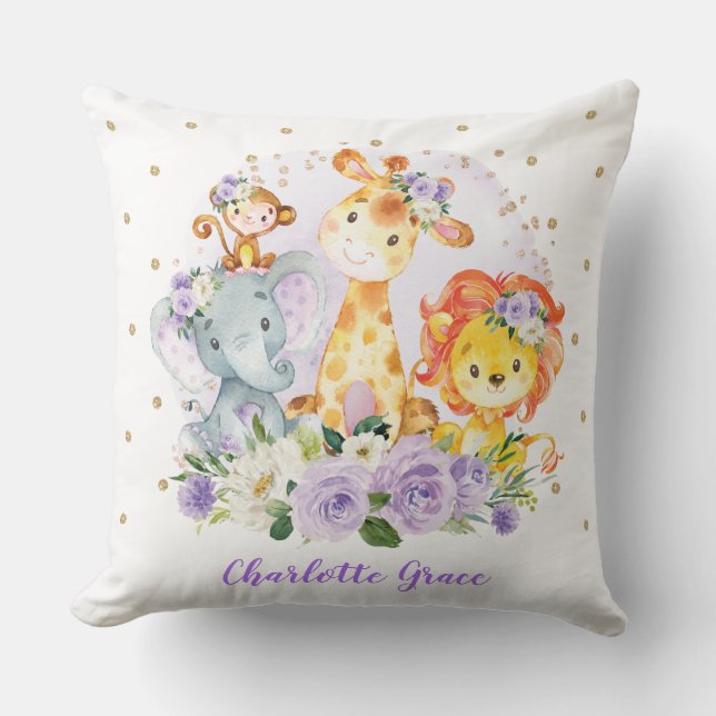 Coussin Cute Safari Animaux Sauvages + Vert Rose Violet (Recto)