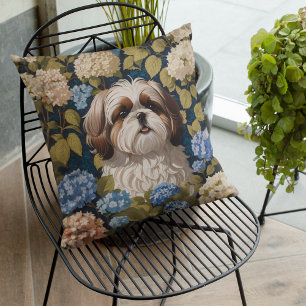 Coussin Cute Shih Tzu Chiot Blue hydrangea fleurs