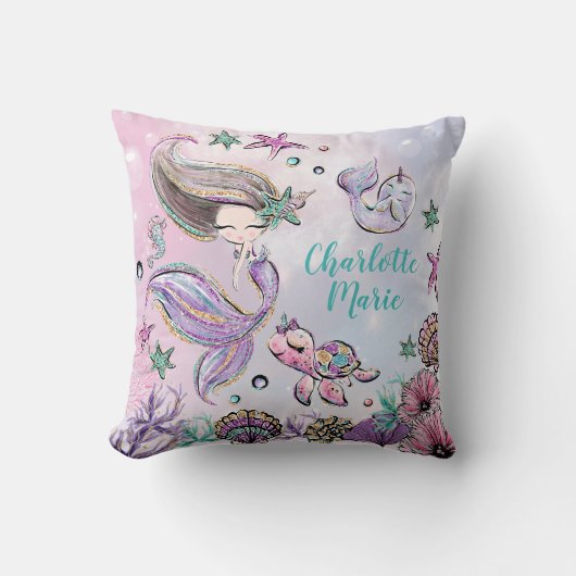 Coussin Cute Sirène avec tortue et petite fille Narwhal (Recto)