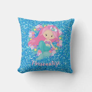 Coussin Cute sirène rose Parties scintillant bleue personn