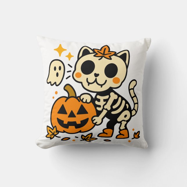 Coussin Cute Skeleton Cat with Pumpkin Throw Pillow (Recto)