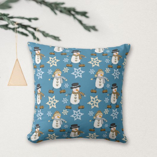Coussin Cute Snowman Snowflake Motif sur Blue