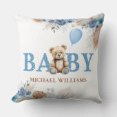 Coussin Cute Teddy Bear Baby Boy Nursery Blue Boho Floral (Recto)