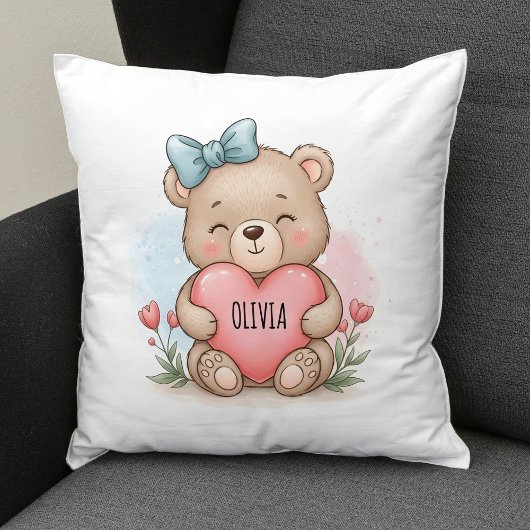 Coussin Cute Teddy Bear Holding Pink Heart