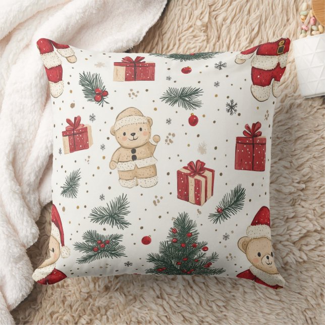 Coussin Cute Teddy Bear & Santa sur fond blanc (3) (Couverture)