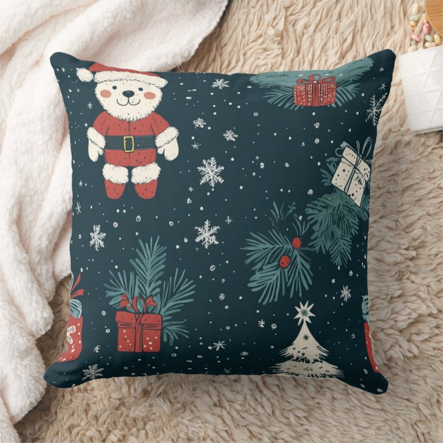 Coussin Cute Teddy Bear & Santa sur fond vert foncé (1) (Couverture)