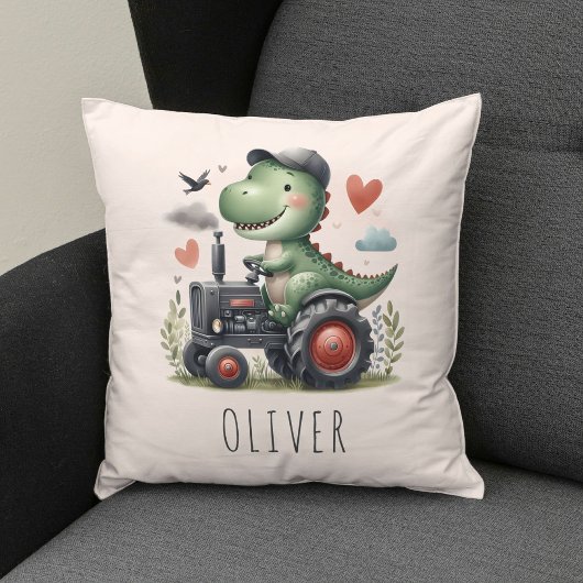 Coussin Cute Trex Dinosaur conduire un tracteur