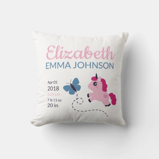 Coussin Cute Unicorn Baby Stats de naissance (Recto)