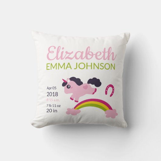 Coussin Cute Unicorn Baby Stats de naissance (Recto)