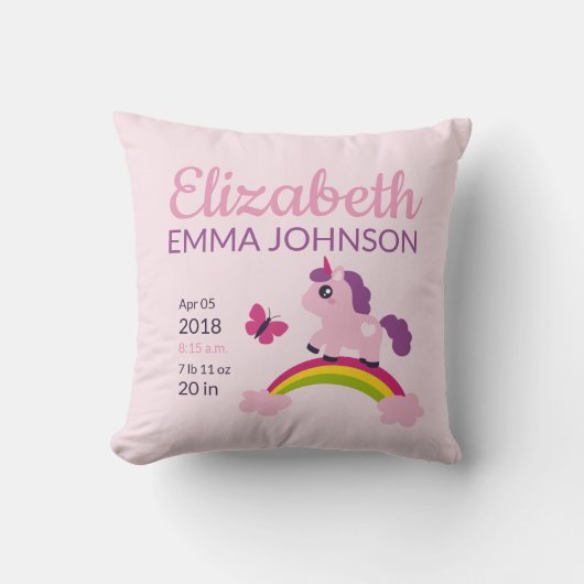 Coussin Cute Unicorn Baby Stats de naissance (Recto)