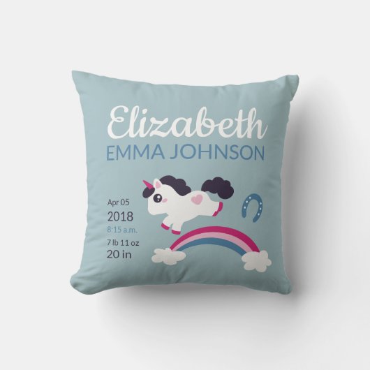 Coussin Cute Unicorn Baby Stats de naissance (Recto)